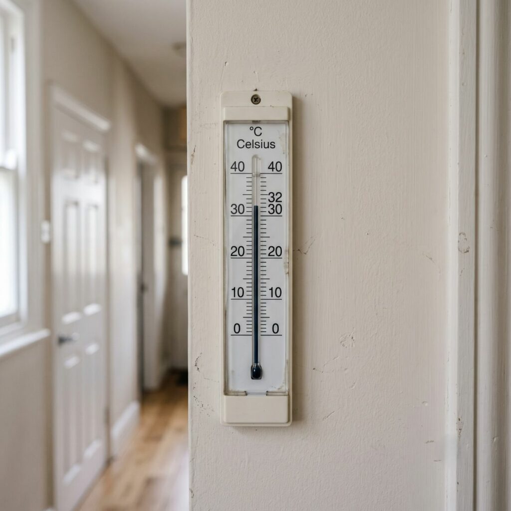 a simple wall-mounted indoor thermometre fixed to a smooth, off-white painted wall inside the narrow hallway of a London flat