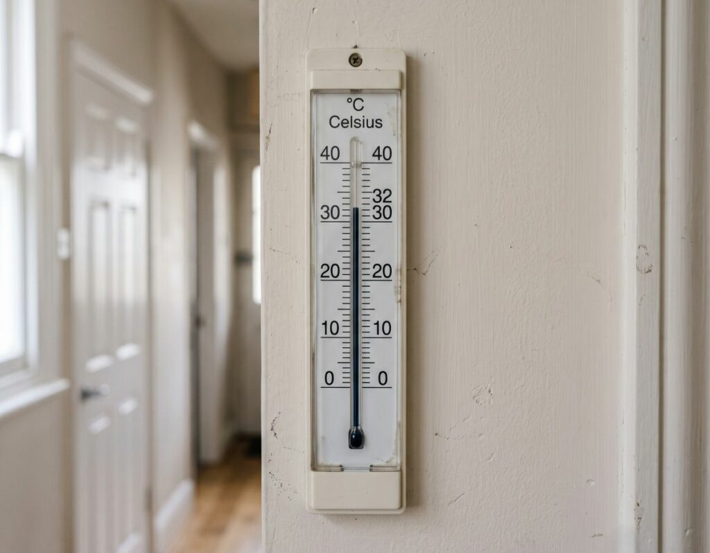 a simple wall-mounted indoor thermometre fixed to a smooth, off-white painted wall inside the narrow hallway of a London flat